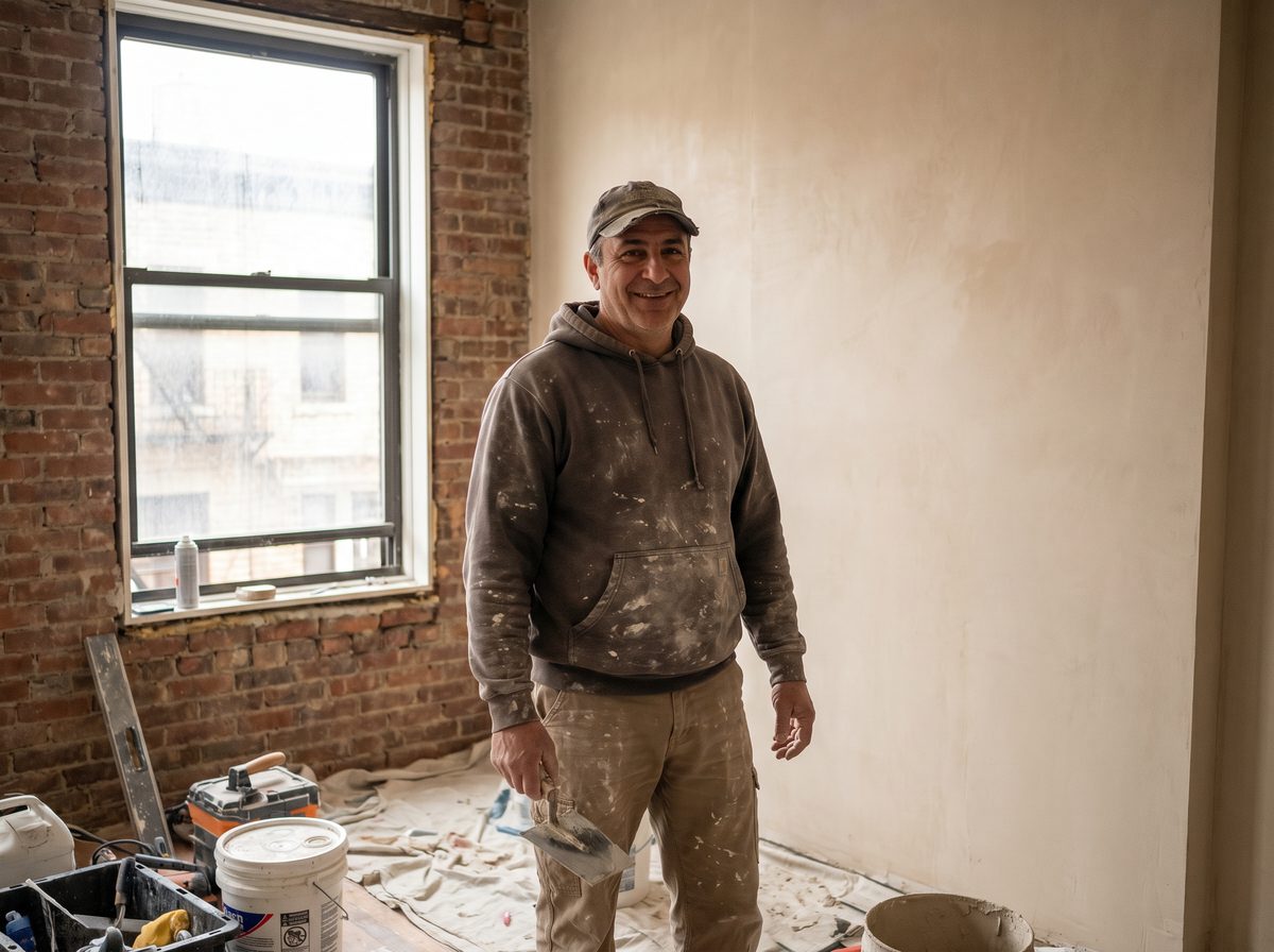 Michael Piazza at a plaster repair job site in Brooklyn