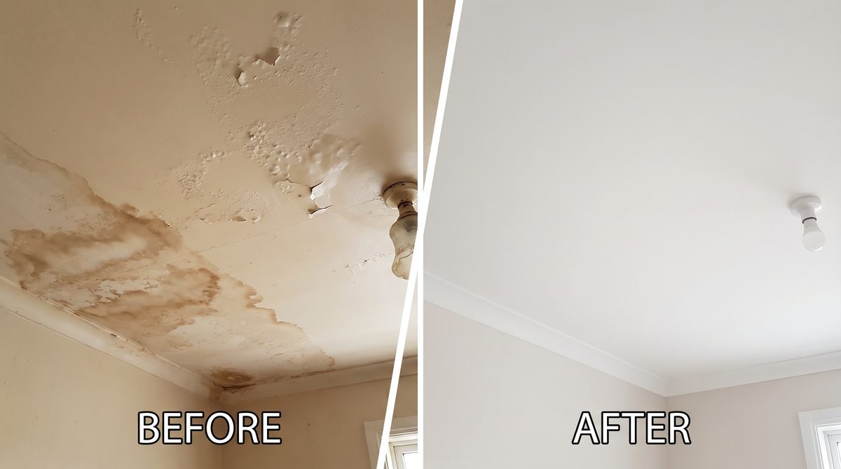 Before and after ceiling water damage repair