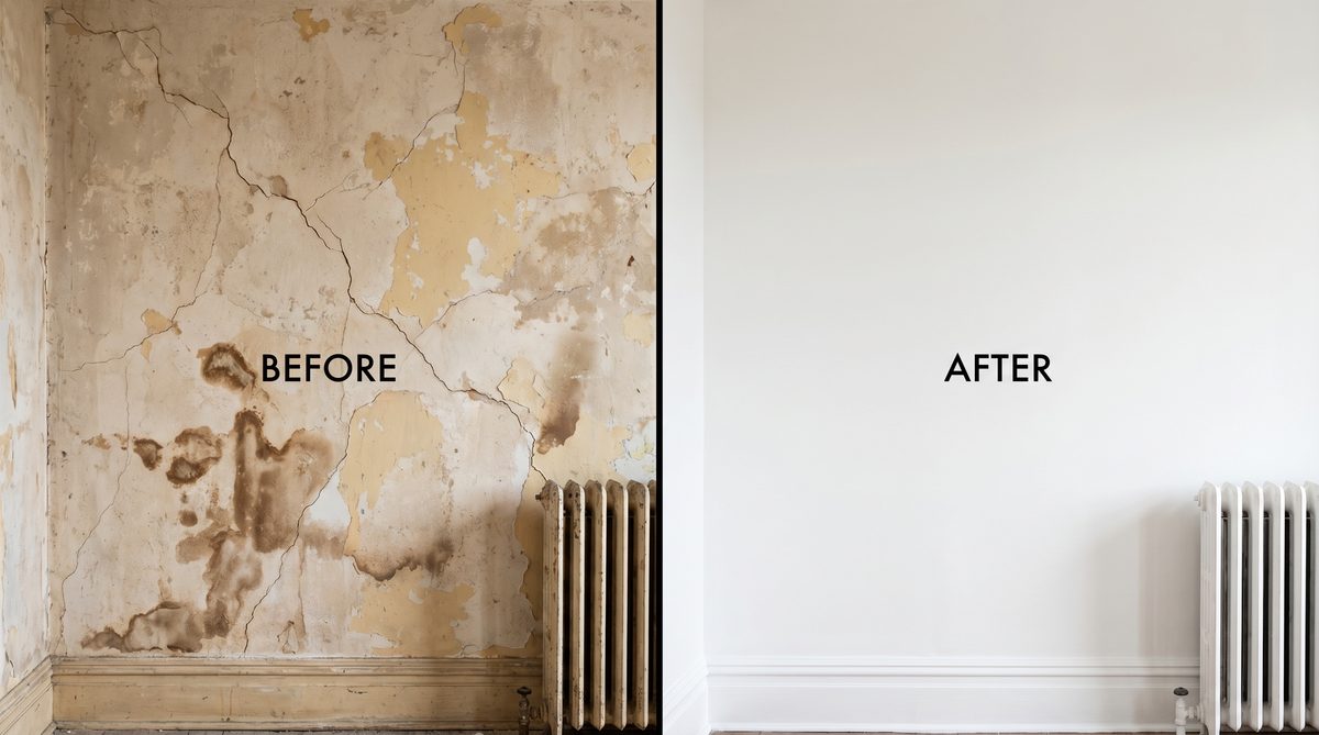 Before and after plaster wall repair in Brooklyn apartment