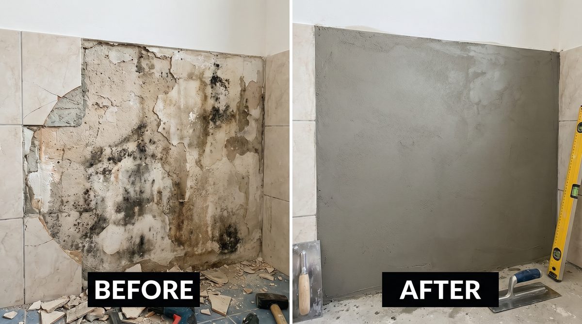 Before and after: bathroom wall plaster repair in Bensonhurst
