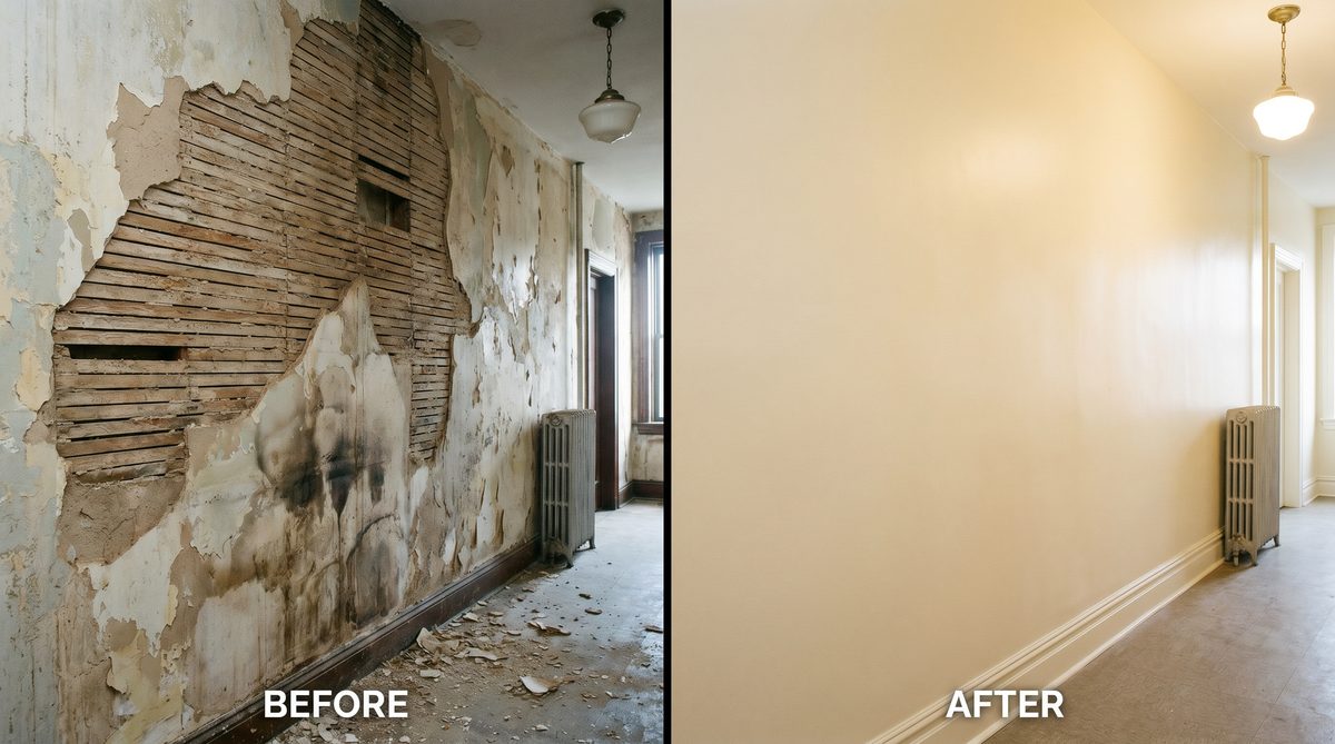 Before and after: hallway plaster restoration in a Brooklyn brownstone