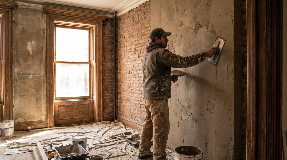Plaster restoration work on a Brooklyn brownstone wall